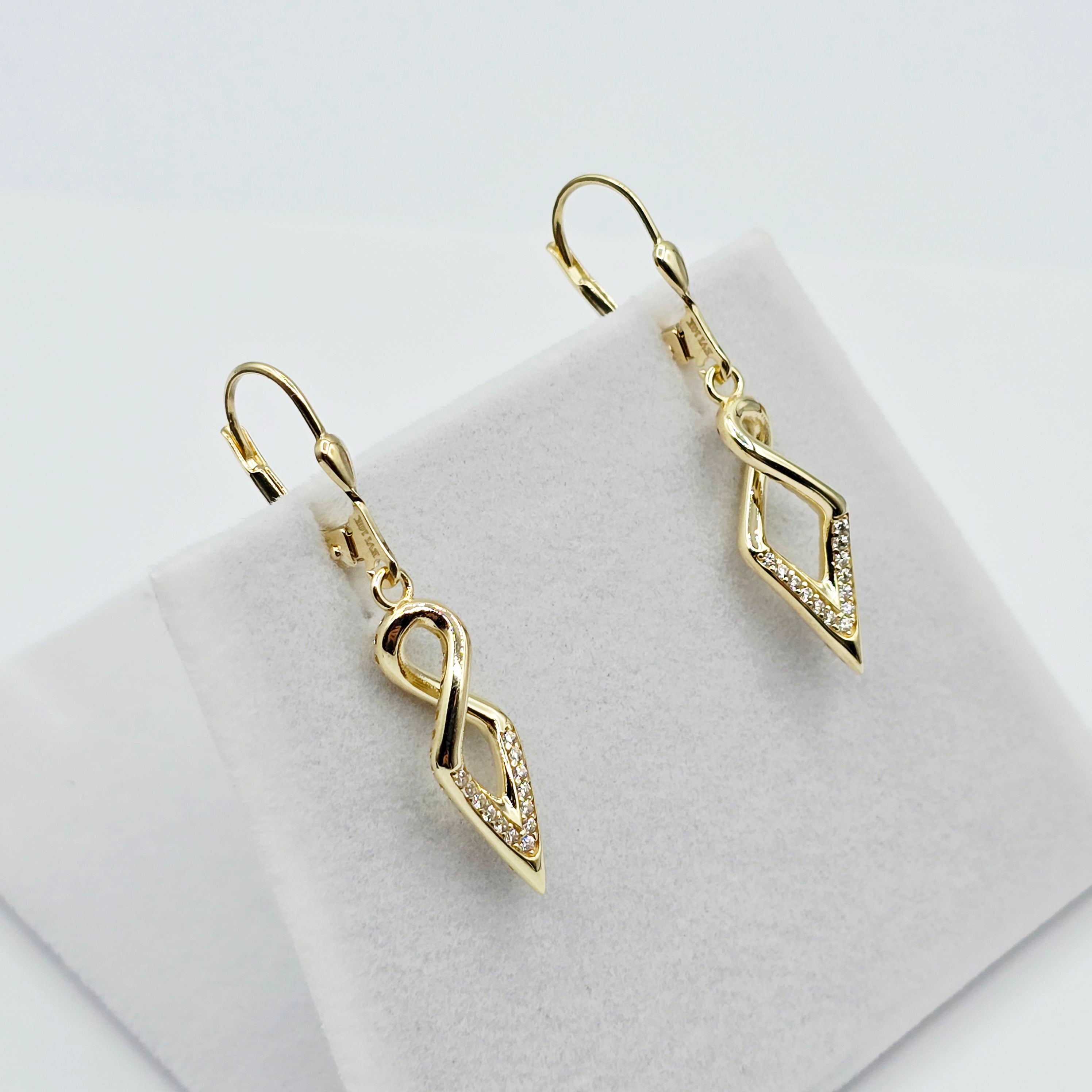 10K Yellow Gold Dangle Earrings: Cubic Zirconia Leverback Drop
