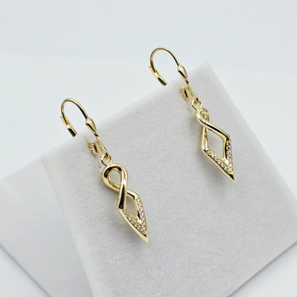 10K Yellow Gold Dangle Earrings: Cubic Zirconia Leverback Drop