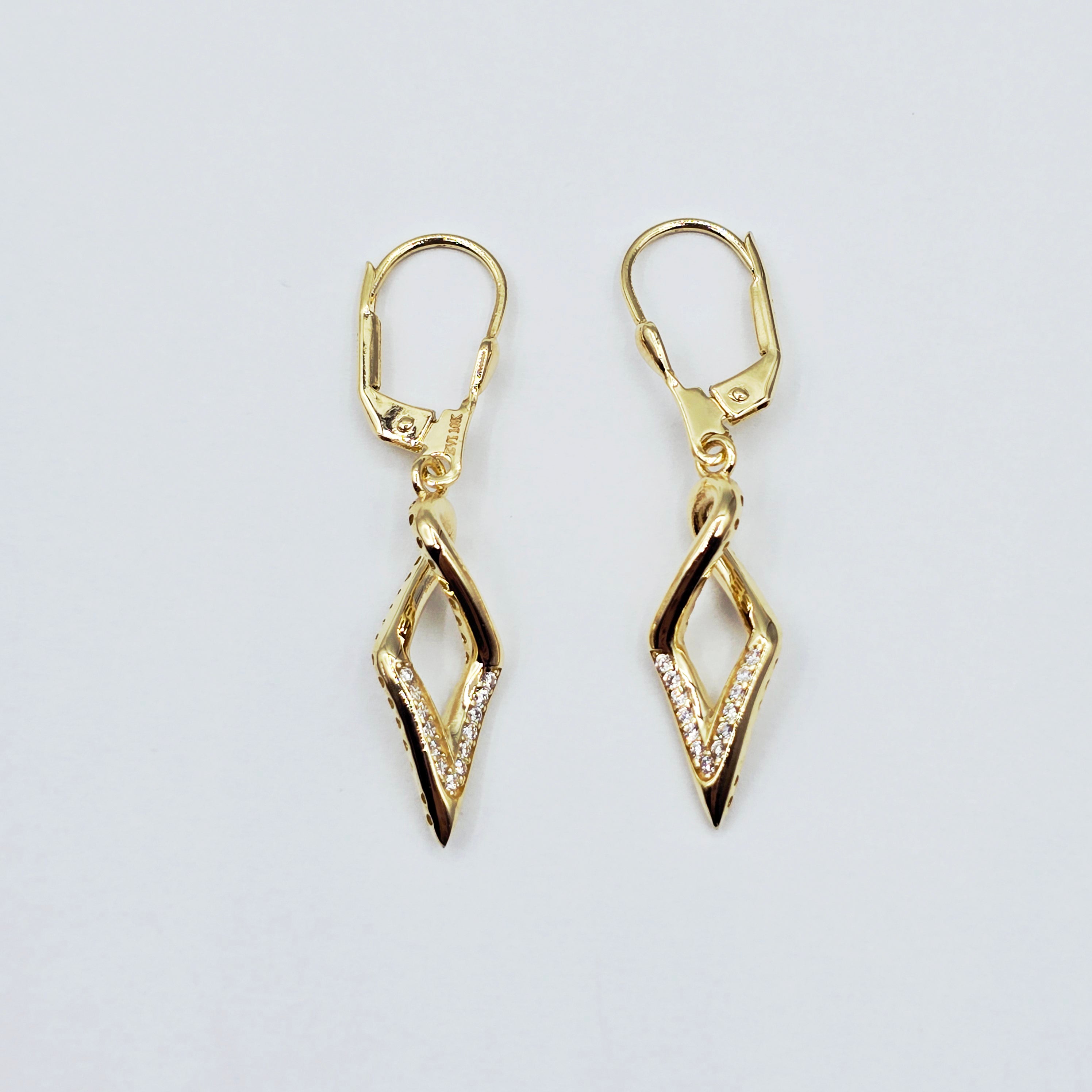 10K Yellow Gold Dangle Earrings: Cubic Zirconia Leverback Drop