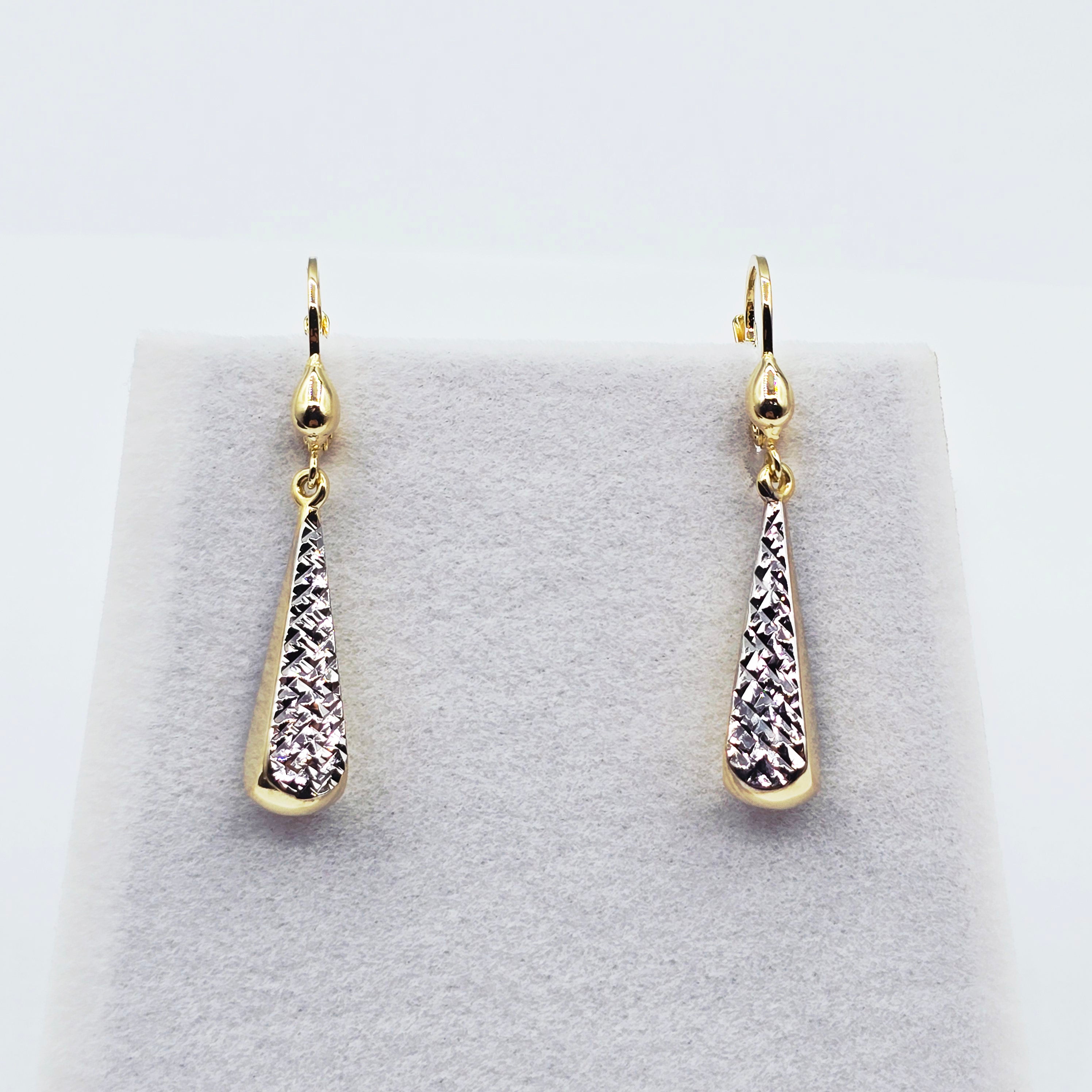 10K Solid Gold Two-Tone Drop Earrings: Yellow & White Gold Lever Backs