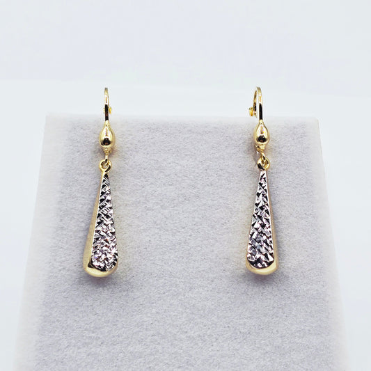 10K Solid Gold Two-Tone Drop Earrings: Yellow & White Gold Lever Backs