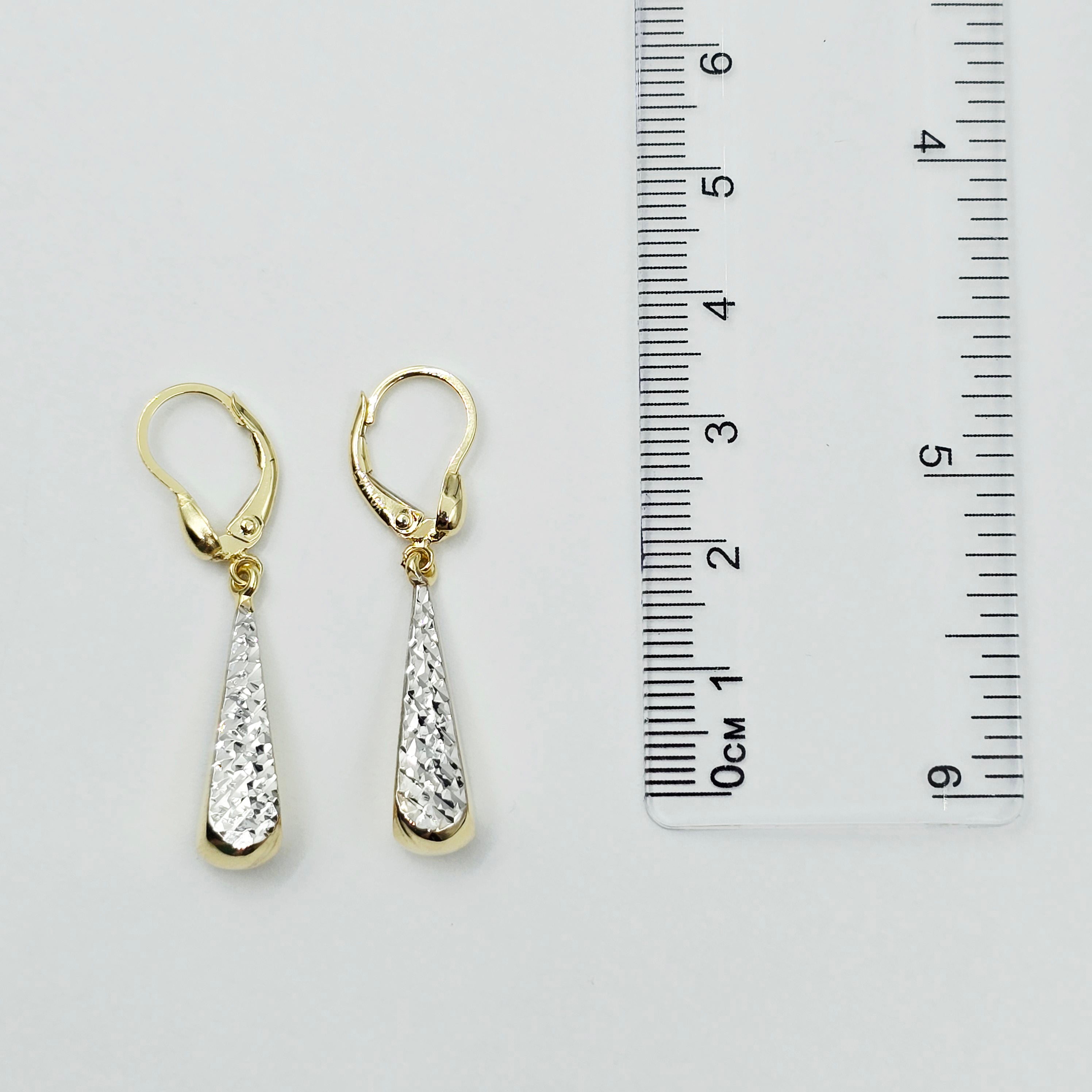 10K Solid Gold Two-Tone Drop Earrings: Yellow & White Gold Lever Backs
