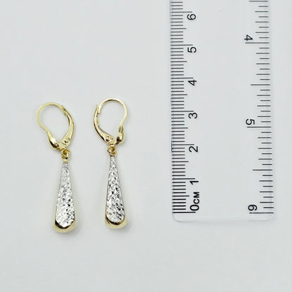 10K Solid Gold Two-Tone Drop Earrings: Yellow & White Gold Lever Backs