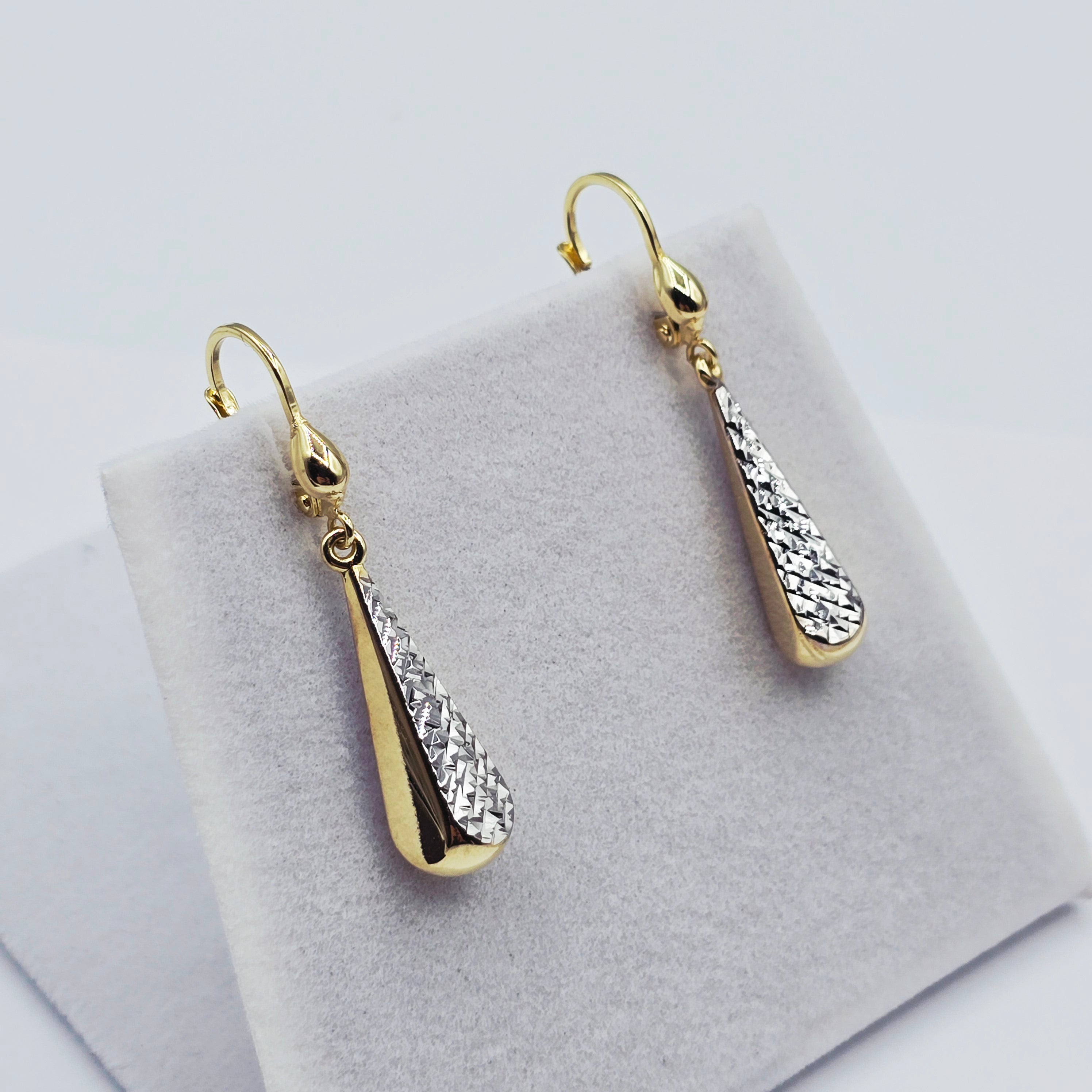10K Solid Gold Two-Tone Drop Earrings: Yellow & White Gold Lever Backs