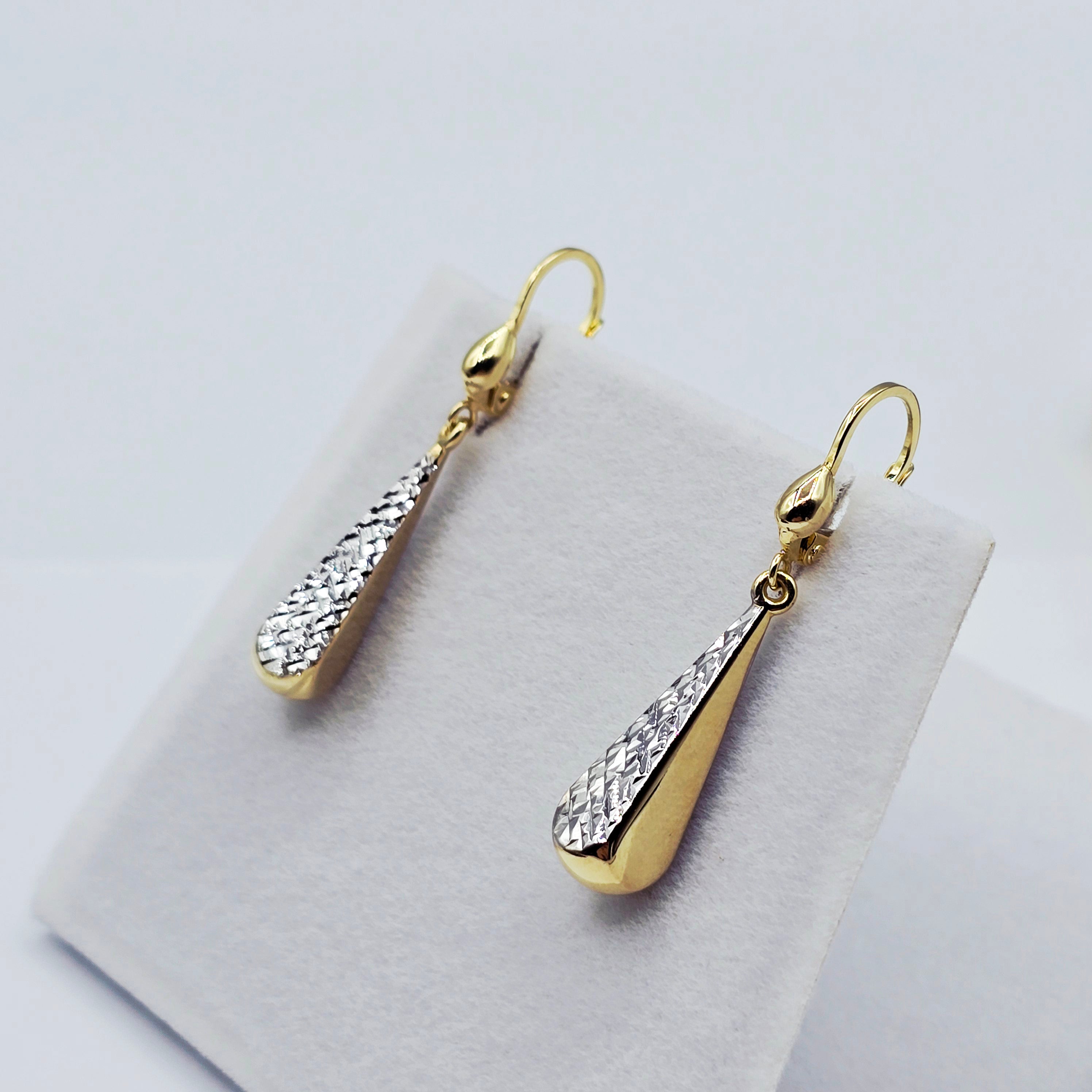 10K Solid Gold Two-Tone Drop Earrings: Yellow & White Gold Lever Backs