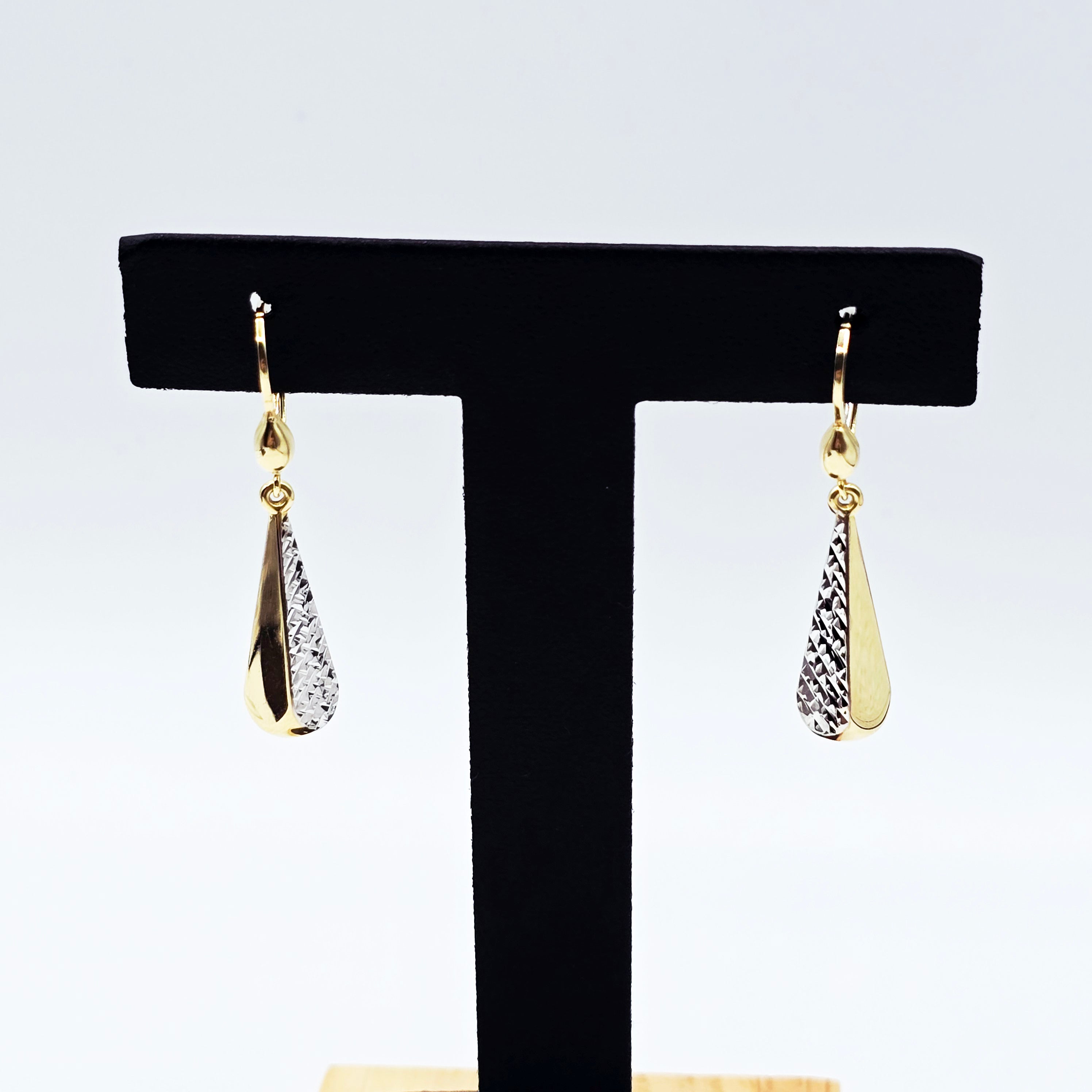 10K Solid Gold Two-Tone Drop Earrings: Yellow & White Gold Lever Backs