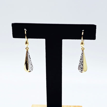10K Solid Gold Two-Tone Drop Earrings: Yellow & White Gold Lever Backs