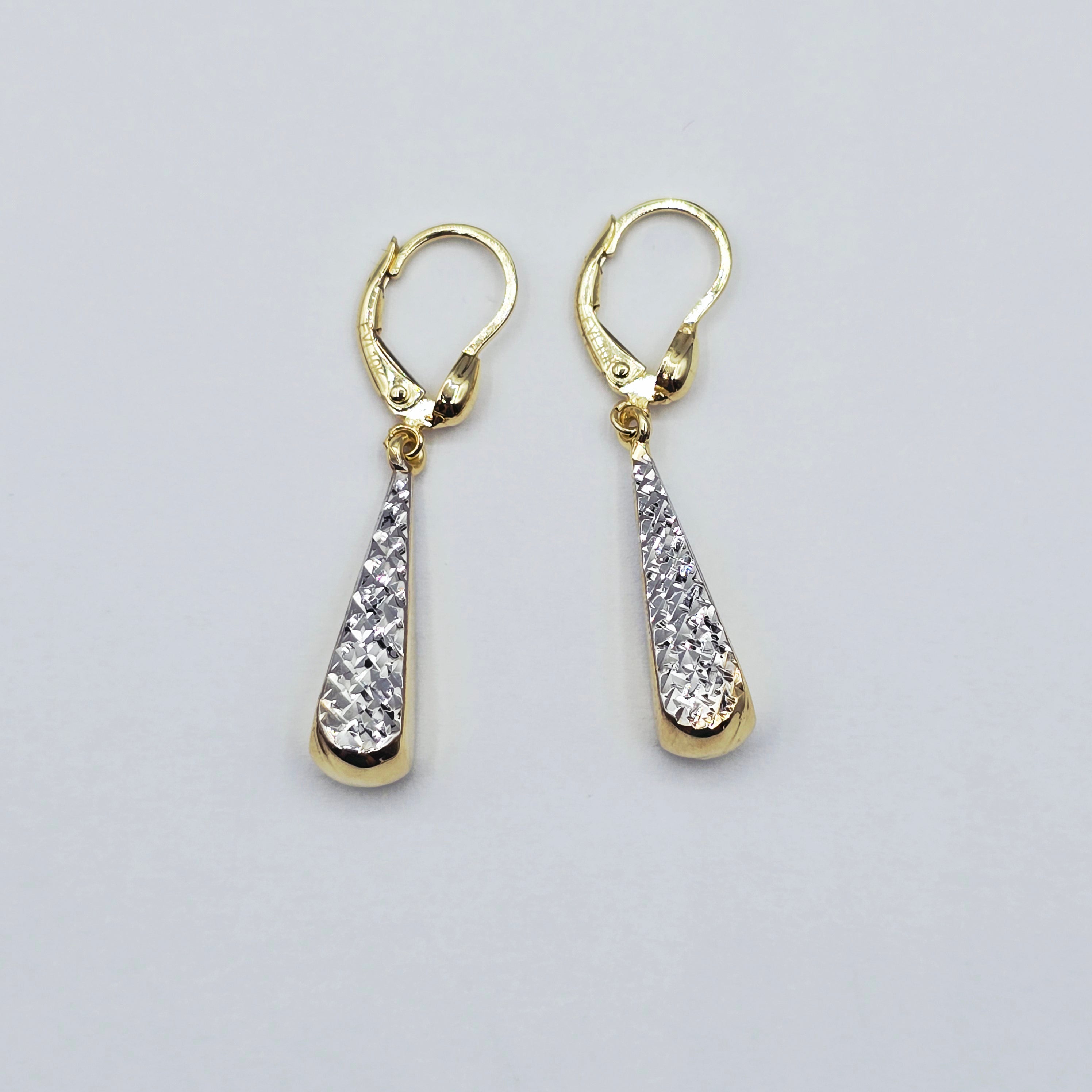 10K Solid Gold Two-Tone Drop Earrings: Yellow & White Gold Lever Backs