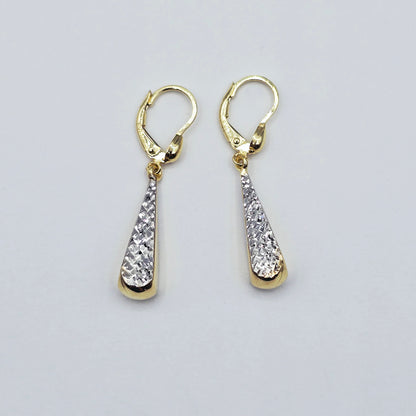 10K Solid Gold Two-Tone Drop Earrings: Yellow & White Gold Lever Backs