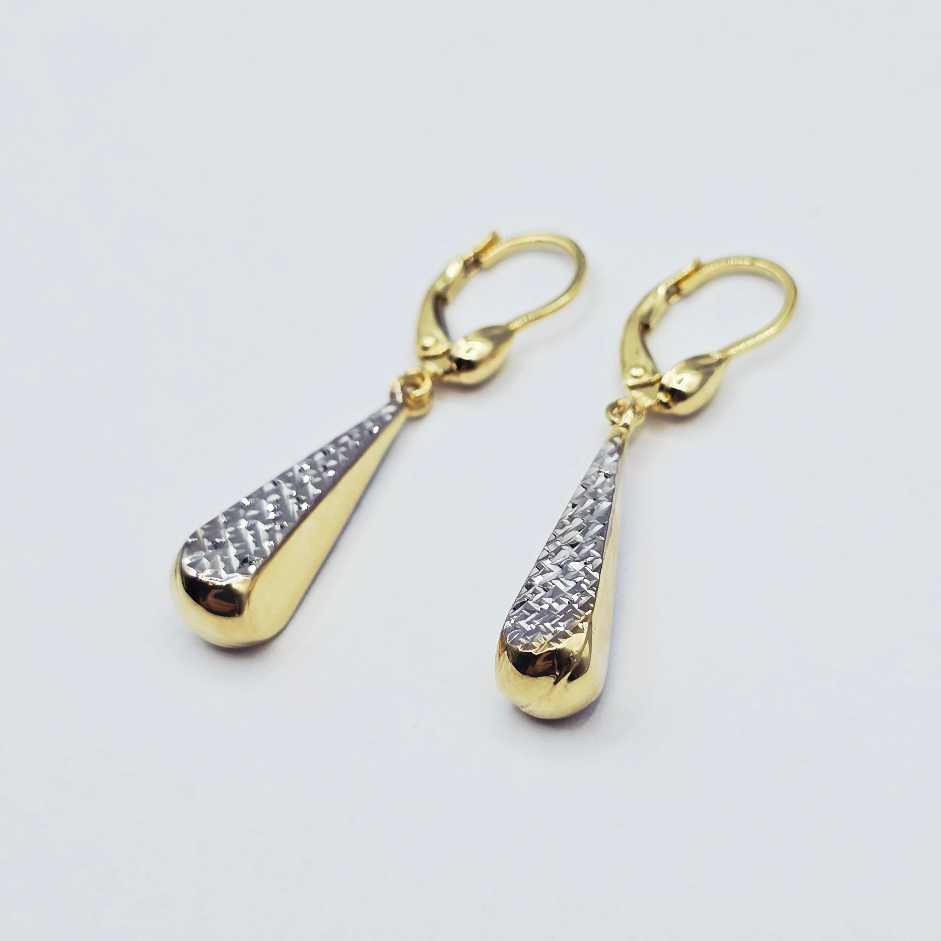 10K Solid Gold Two-Tone Drop Earrings: Yellow & White Gold Lever Backs