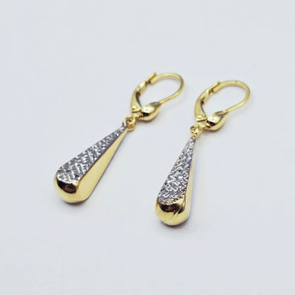 10K Solid Gold Two-Tone Drop Earrings: Yellow & White Gold Lever Backs