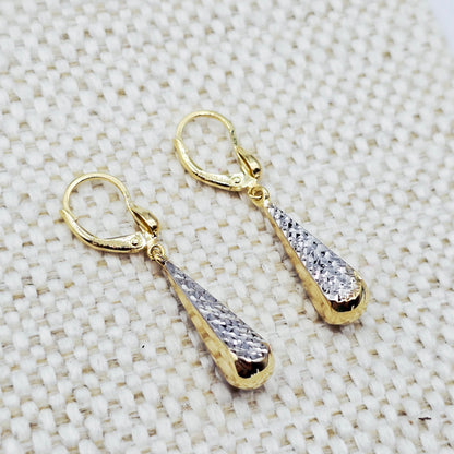10K Solid Gold Two-Tone Drop Earrings: Yellow & White Gold Lever Backs