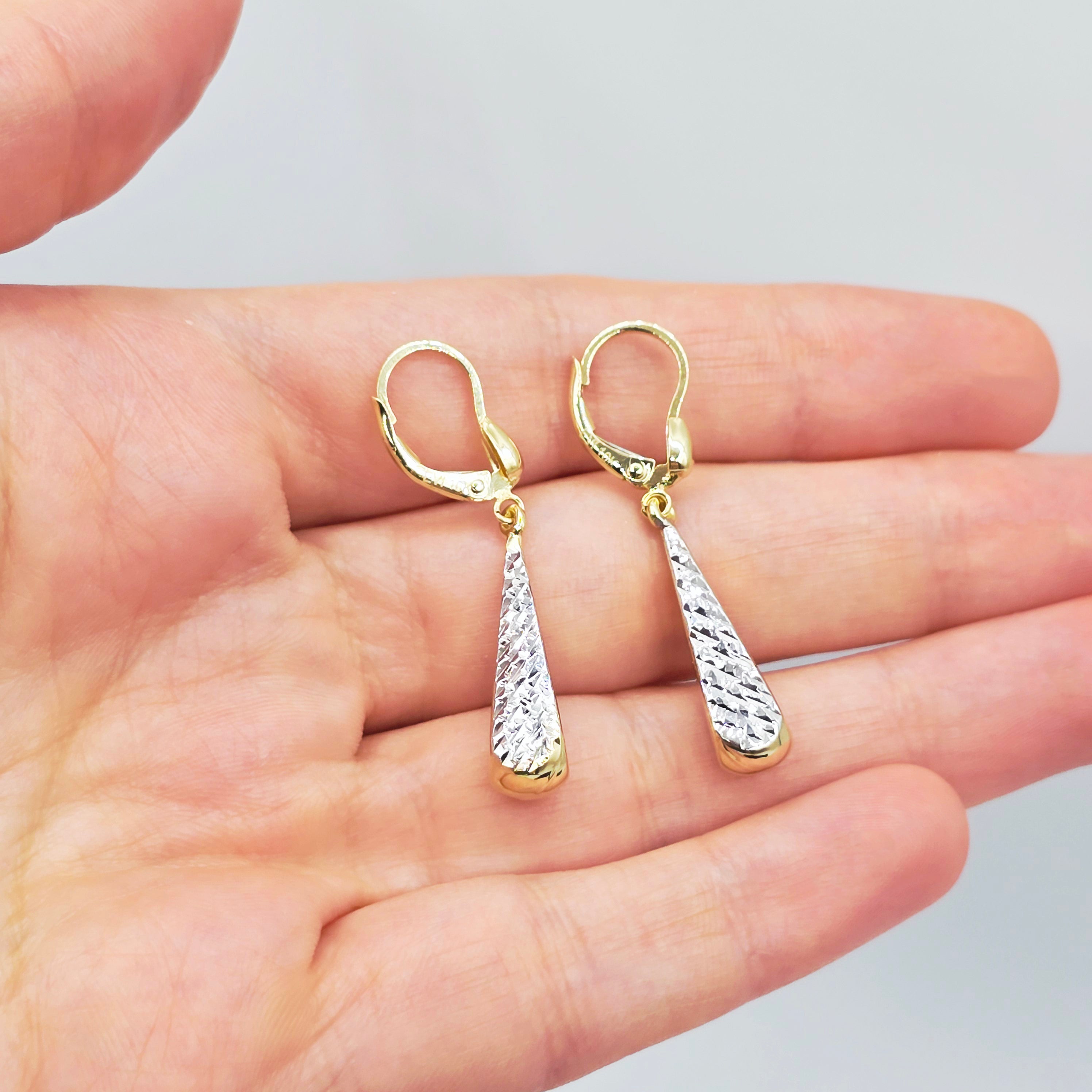 10K Solid Gold Two-Tone Drop Earrings: Yellow & White Gold Lever Backs