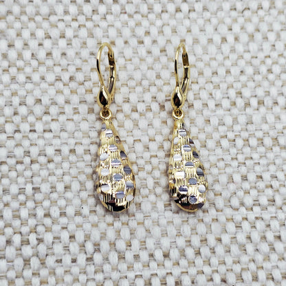Two-Tone 10K Gold Teardrop Earrings: Yellow & White Gold Dangle