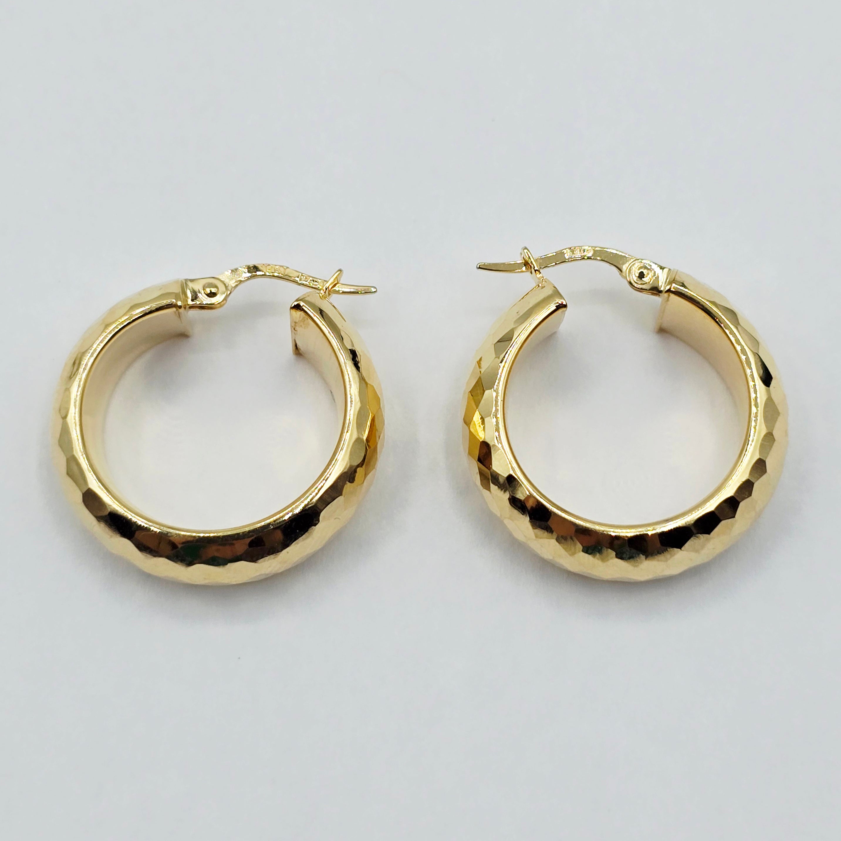 10K Yellow Gold Hoop Earrings,  10K Yellow Gold Hammered Hoop Earrings | 23mm Chunky Textured Gold Hoops