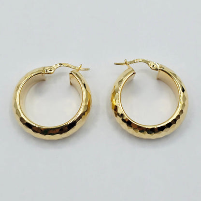 10K Yellow Gold Hoop Earrings,  10K Yellow Gold Hammered Hoop Earrings | 23mm Chunky Textured Gold Hoops