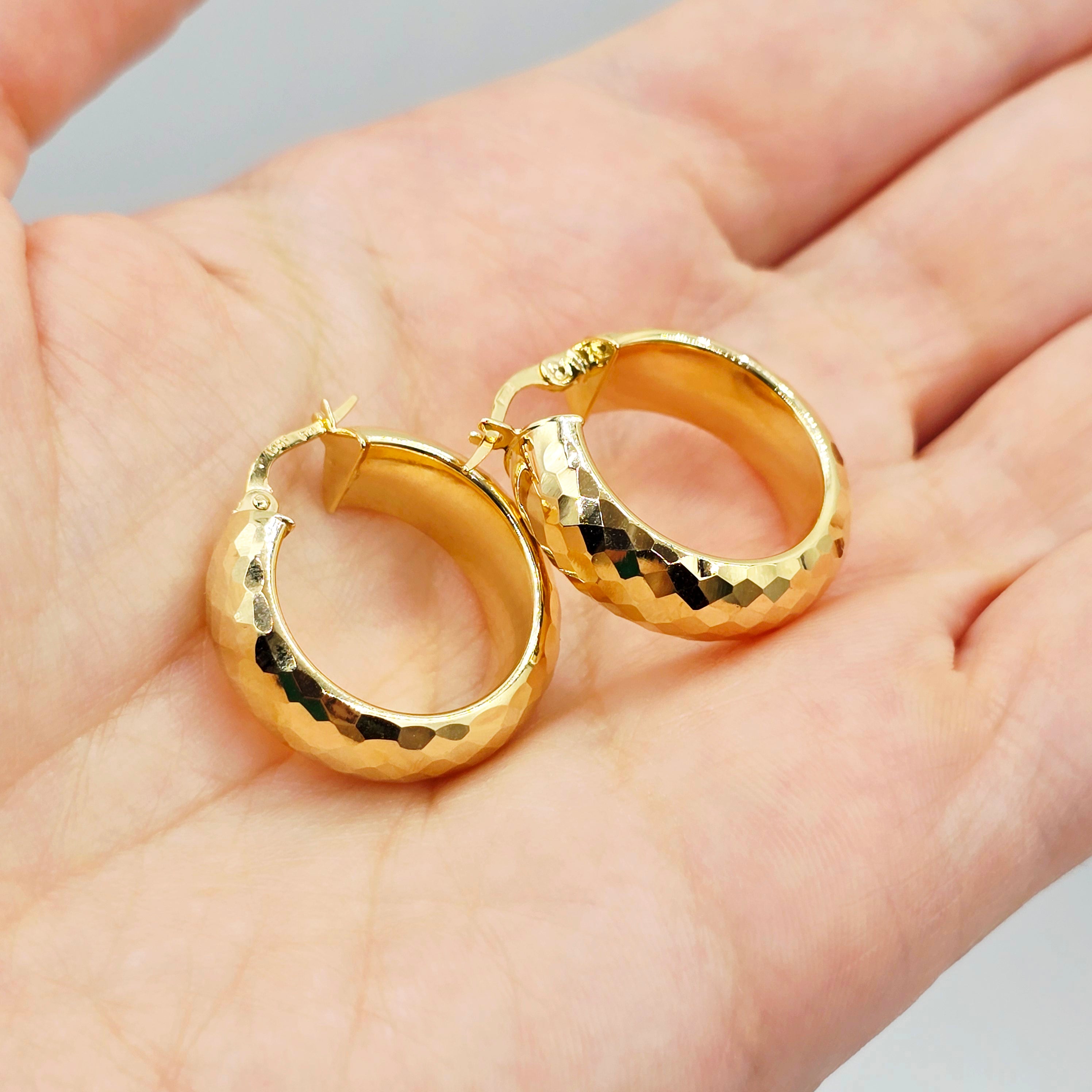 10K Yellow Gold Hoop Earrings,  10K Yellow Gold Hammered Hoop Earrings | 23mm Chunky Textured Gold Hoops