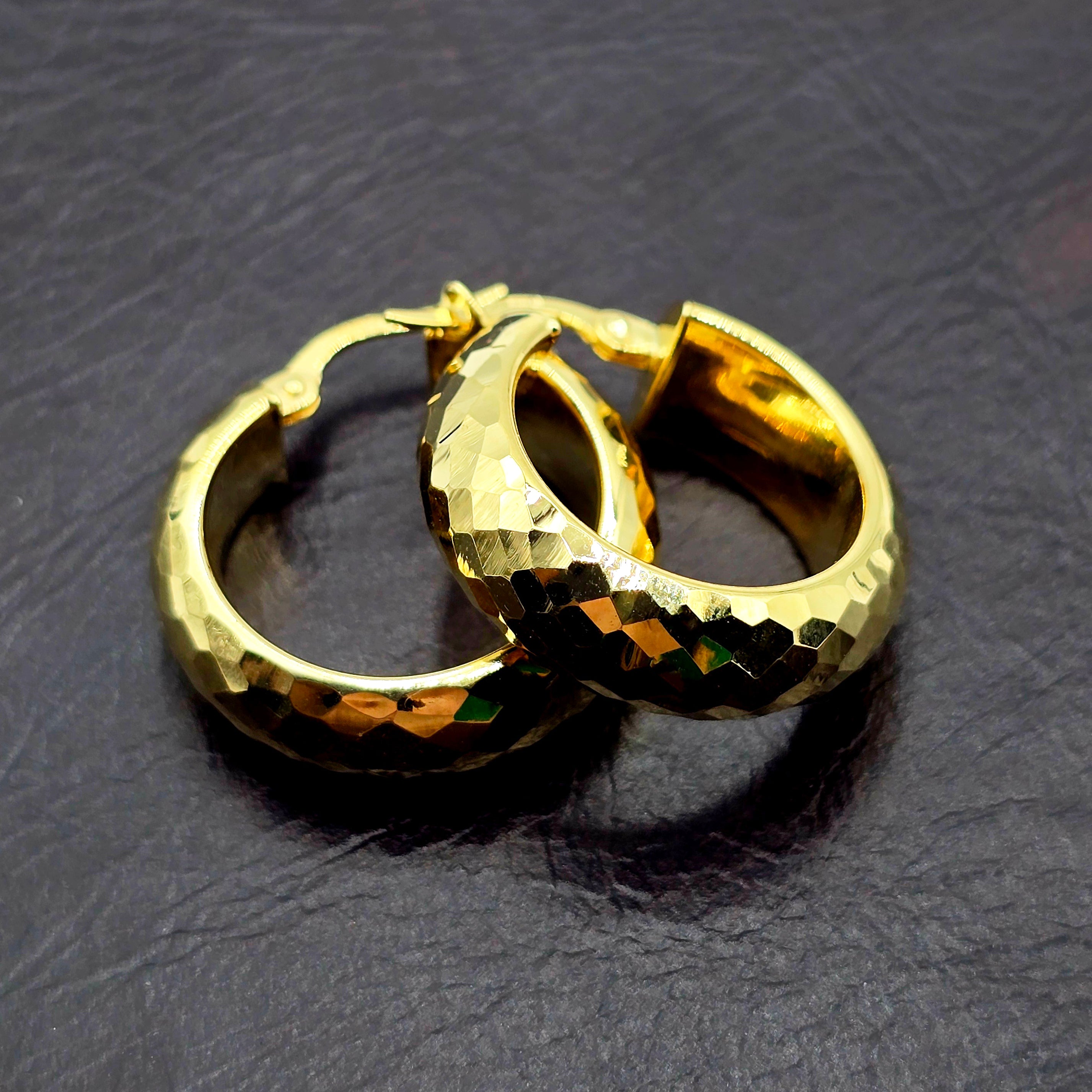 10K Yellow Gold Hoop Earrings,  10K Yellow Gold Hammered Hoop Earrings | 23mm Chunky Textured Gold Hoops