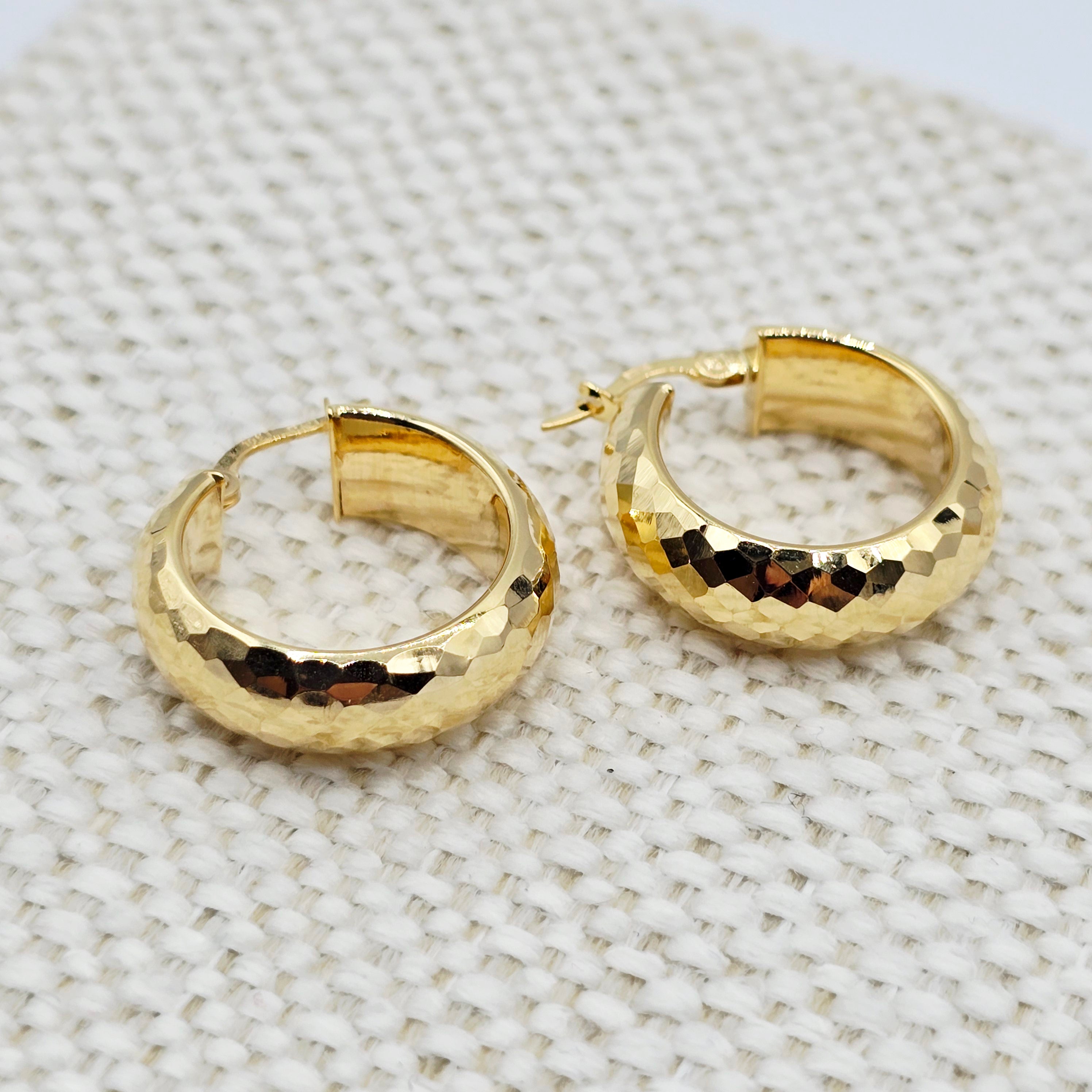 10K Yellow Gold Hoop Earrings,  10K Yellow Gold Hammered Hoop Earrings | 23mm Chunky Textured Gold Hoops