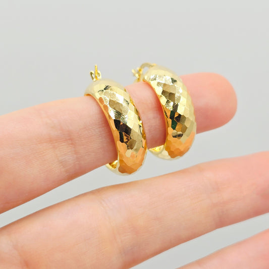 10K Yellow Gold Hoop Earrings,  10K Yellow Gold Hammered Hoop Earrings | 23mm Chunky Textured Gold Hoops