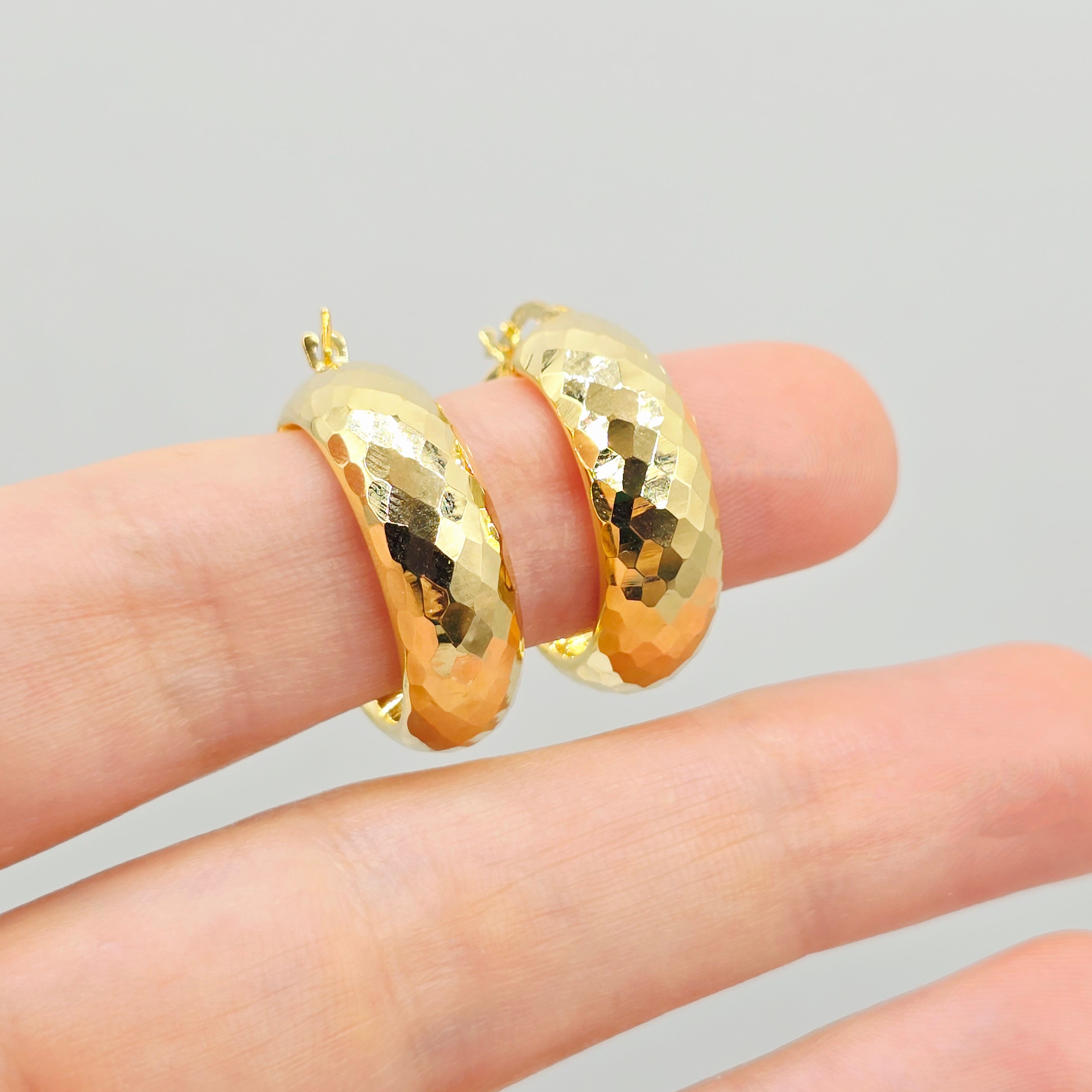 10K Yellow Gold Hoop Earrings,  10K Yellow Gold Hammered Hoop Earrings | 23mm Chunky Textured Gold Hoops