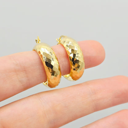 10K Yellow Gold Hoop Earrings,  10K Yellow Gold Hammered Hoop Earrings | 23mm Chunky Textured Gold Hoops