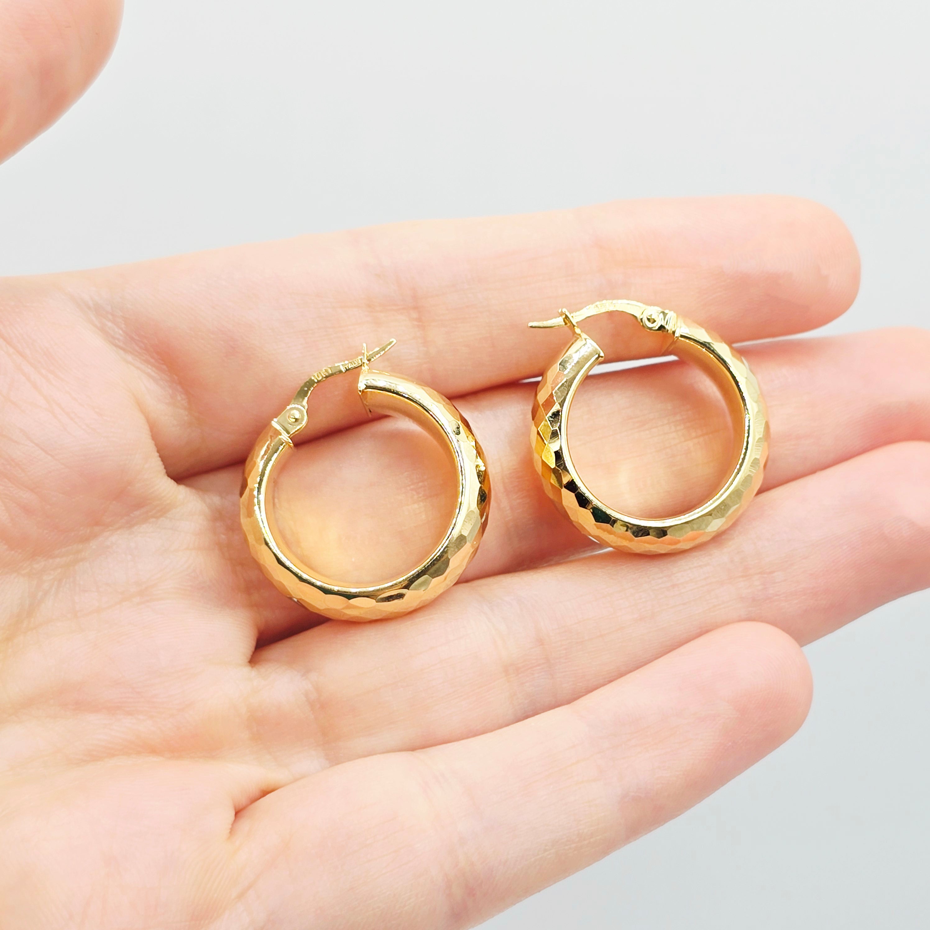 10K Yellow Gold Hoop Earrings,  10K Yellow Gold Hammered Hoop Earrings | 23mm Chunky Textured Gold Hoops