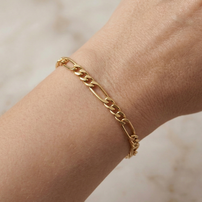 18K Solid Gold Figaro Chain Bracelet, Classic Link, 7 inches