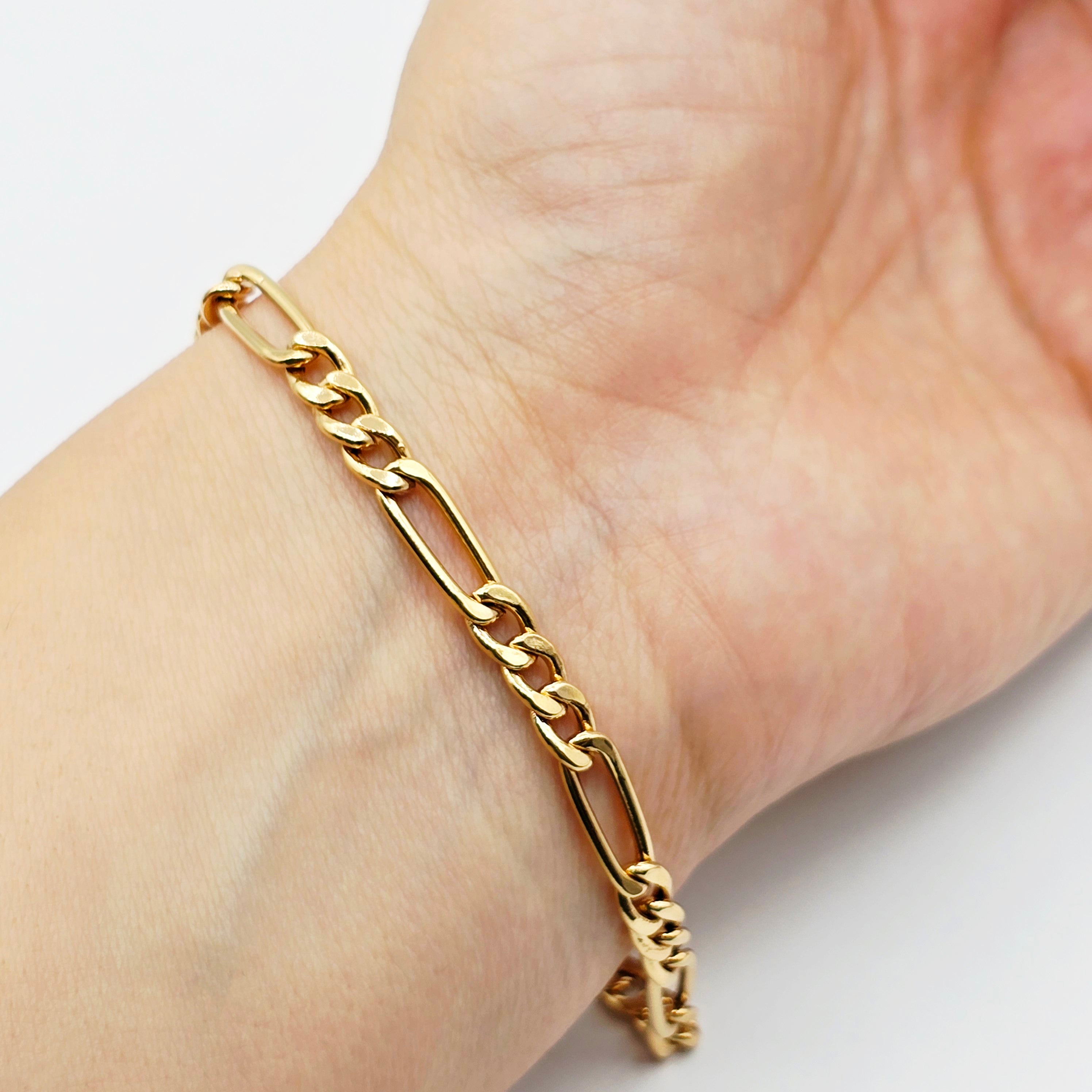 18K Solid Gold Figaro Chain Bracelet , Classic Solid Gold Link Bracelet for Women & Men 7 inches