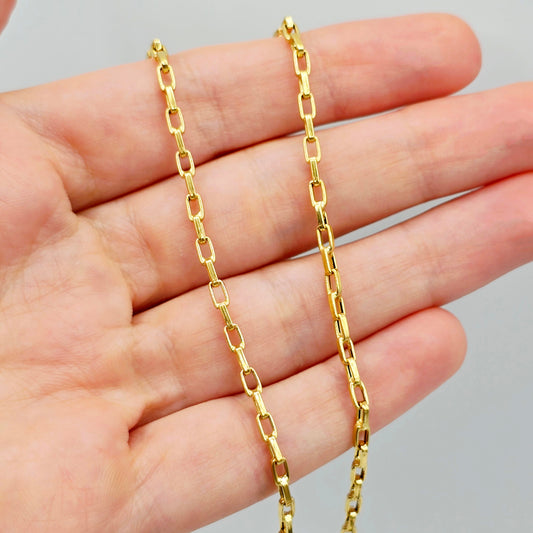 18K Solid Gold Link Necklace, Solid Gold Rectangular Link Chain 17", 2.5mm, Everyday Gold Chain, Women’s Gold Chain