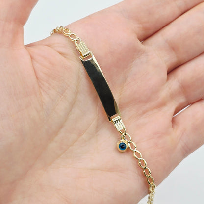 10K Gold Baby ID Bracelet: Engravable Name Plate, Blue Evil Eye Charm