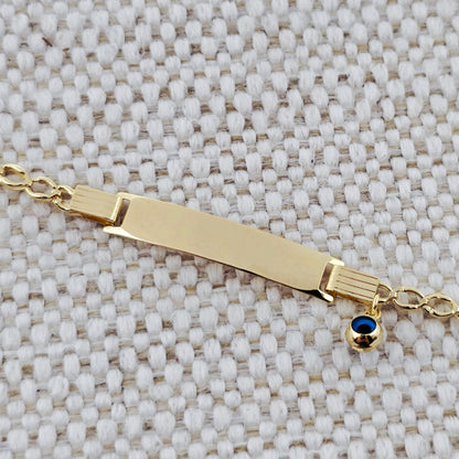 10K Gold Baby ID Bracelet: Engravable Name Plate, Blue Evil Eye Charm