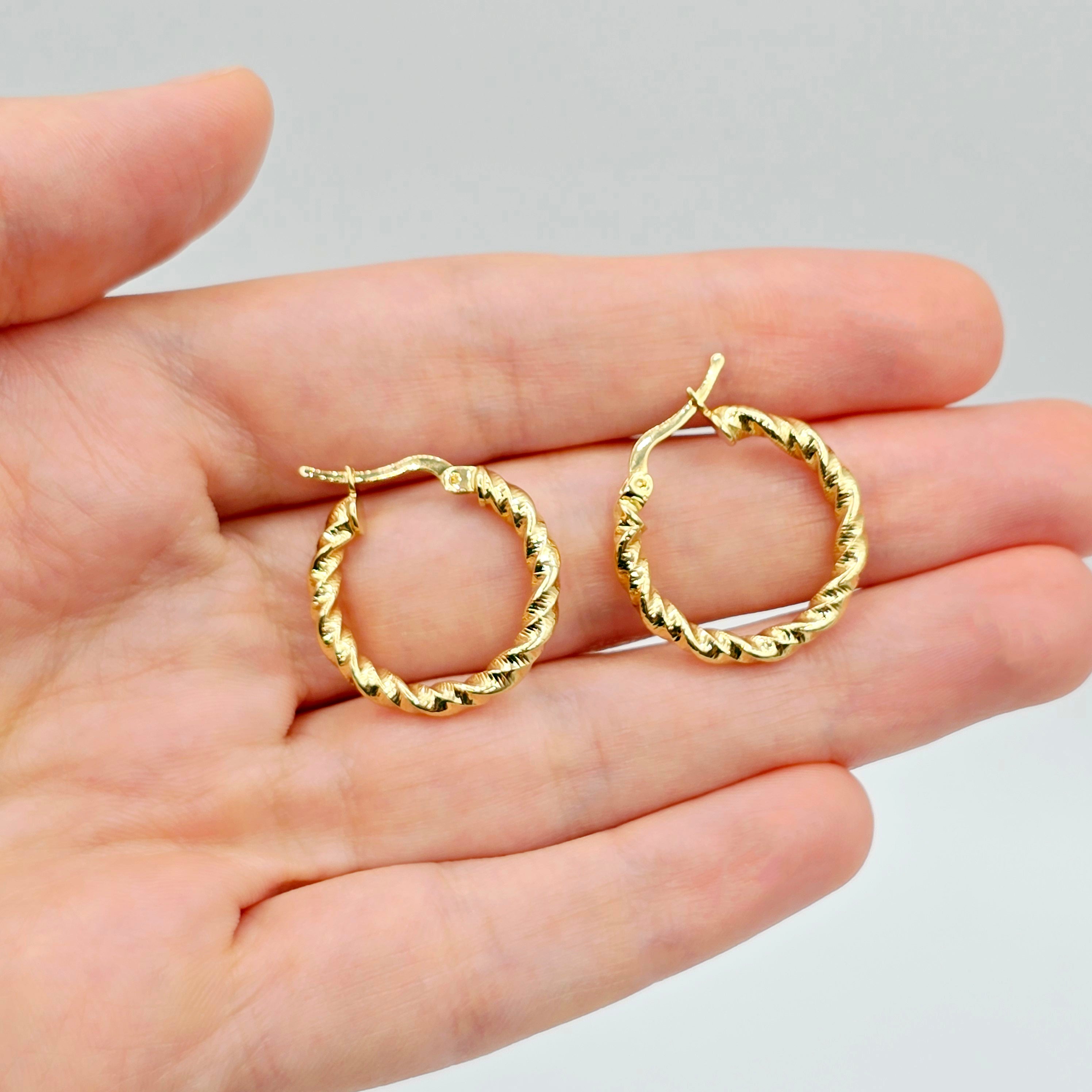 18K Solid Gold Twisted Rope Hoop Earrings - 21mm Fine Jewelry
