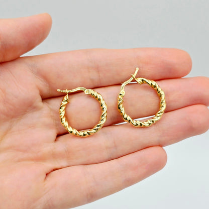 18K Solid Gold Twisted Rope Hoop Earrings - 21mm Fine Jewelry