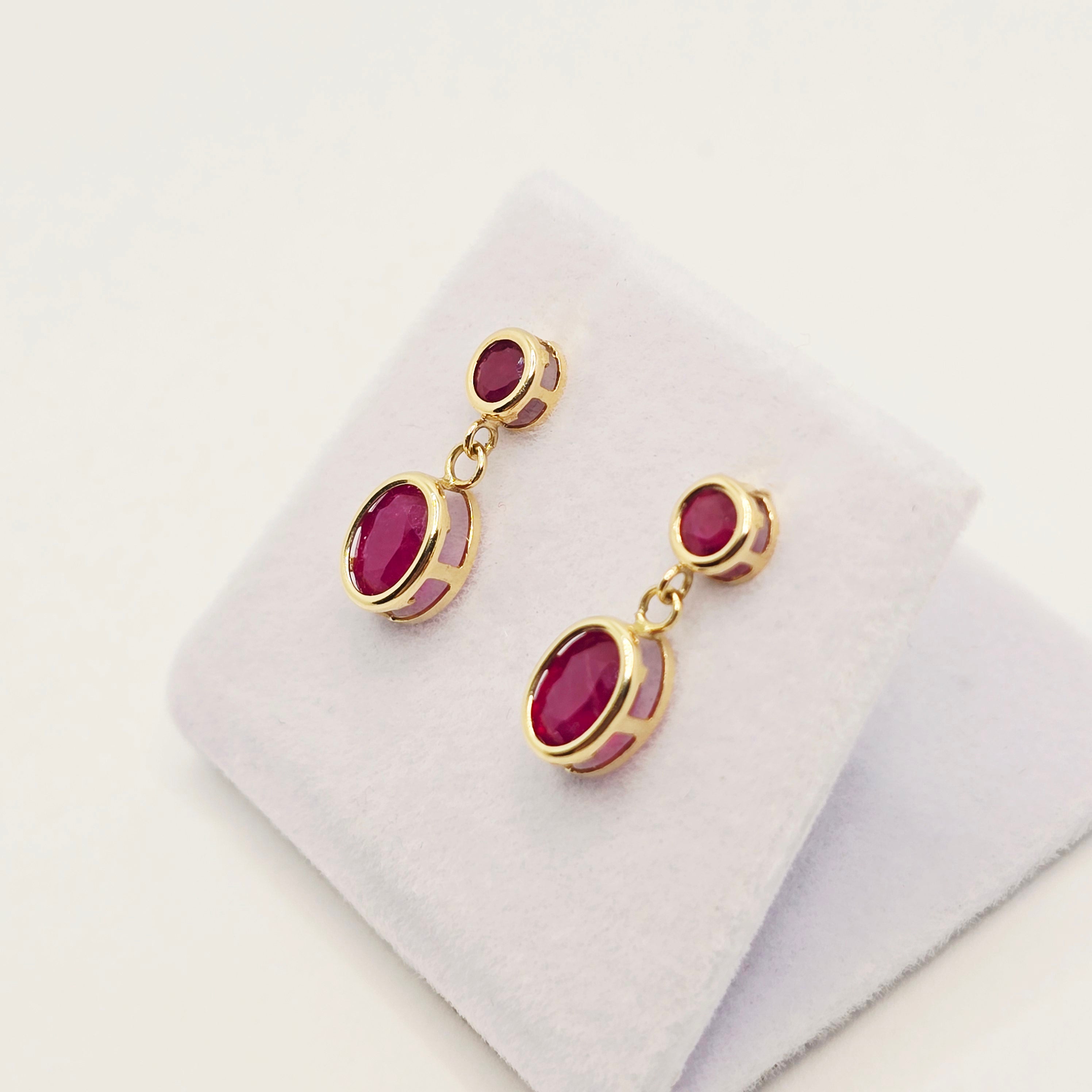 14K Yellow Gold Ruby Earrings, July Birthstone, Red Gemstone Earrings For Women