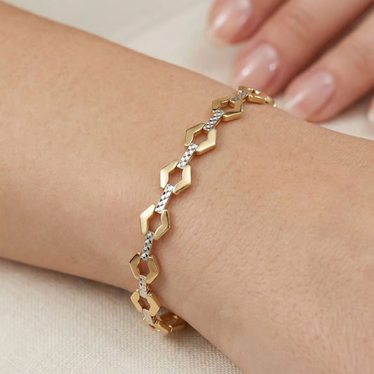 Gold Link Bracelet , Two-Tone Diamond-Cut Chain Bracelet, Elegant Everyday Jewelry