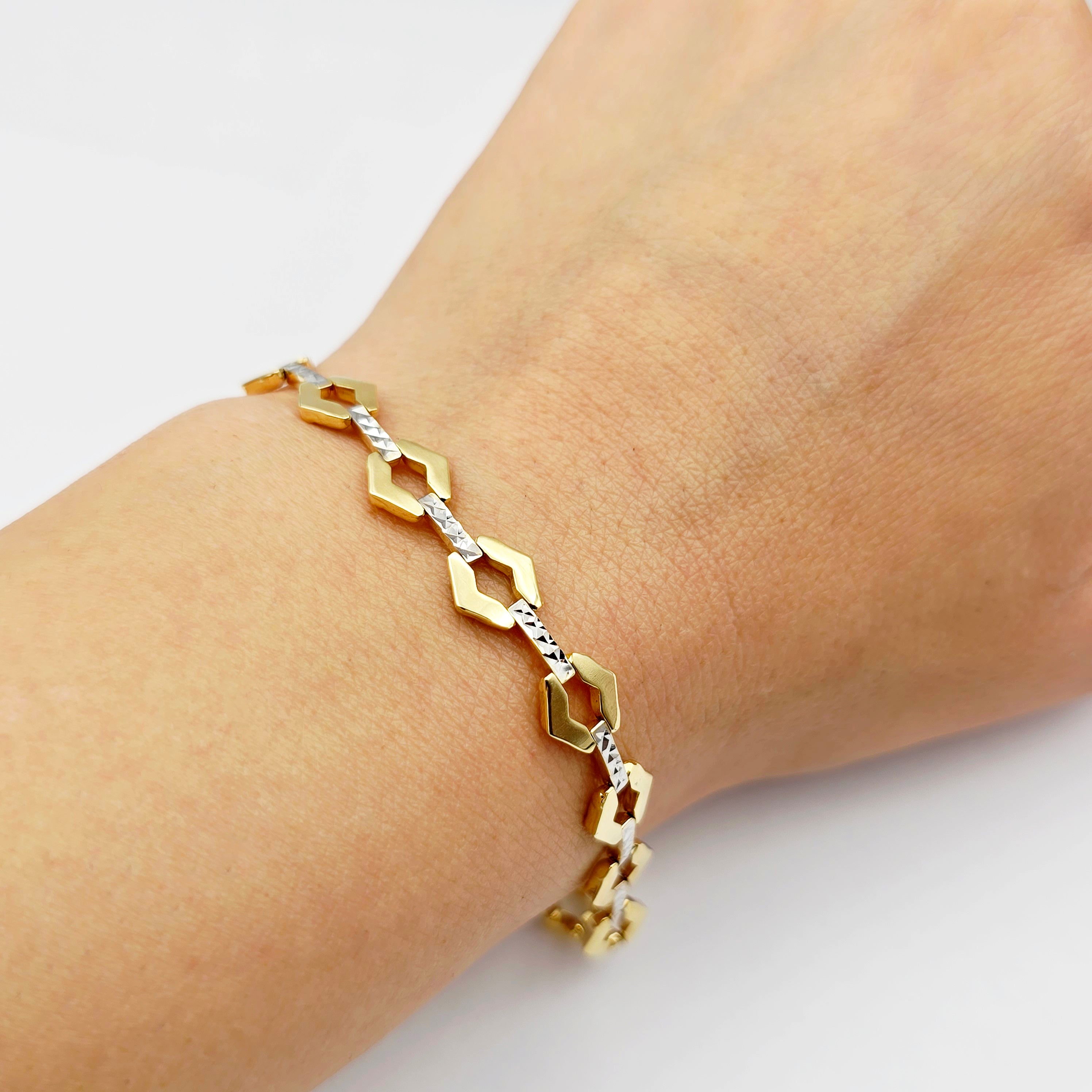Gold Link Bracelet , Two-Tone Diamond-Cut Chain Bracelet, Elegant Everyday Jewelry