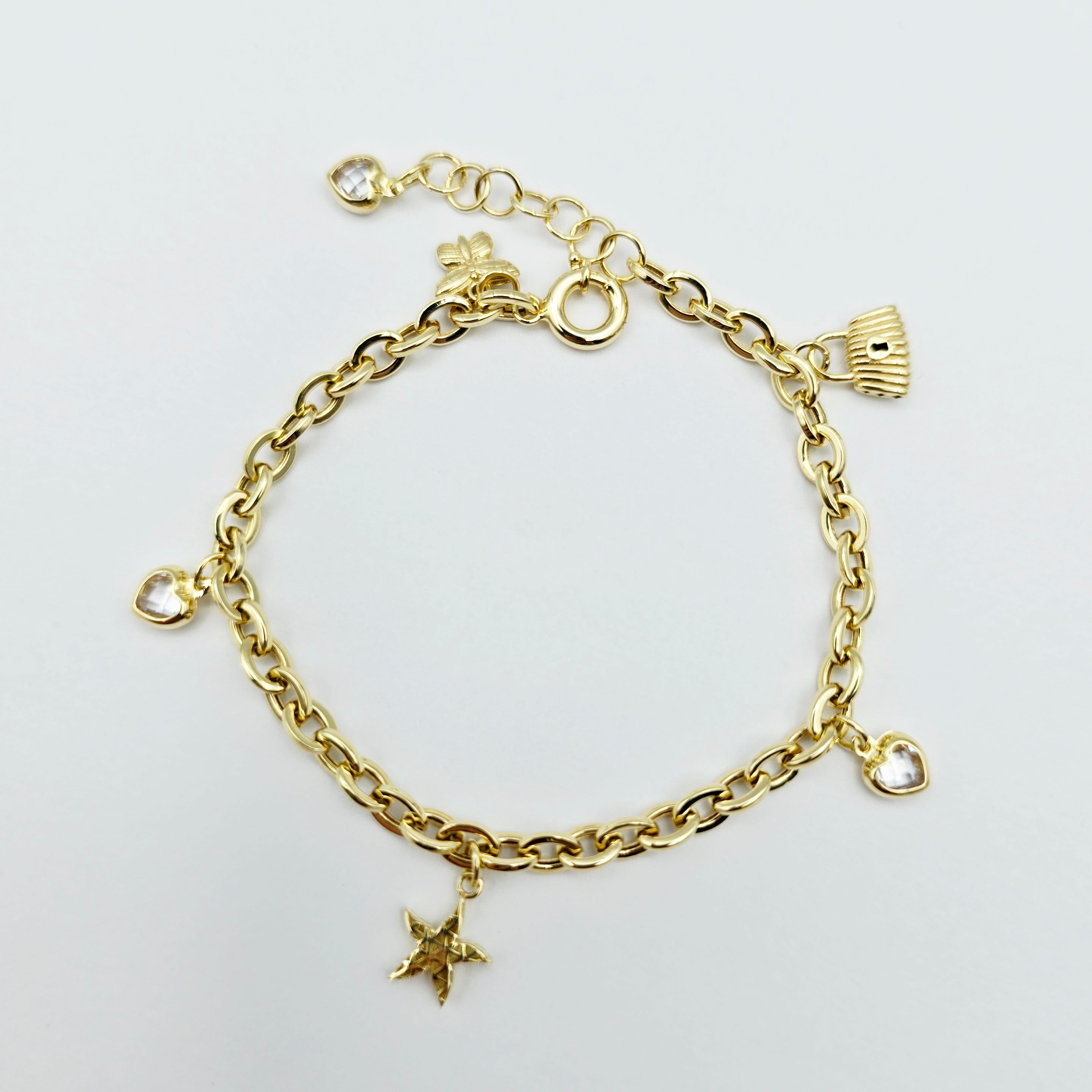 Yellow Gold Charm Bracelet with Heart, Star, Lock and Butterfly Charms , Adjustable Gold Bracelet, Gift for Her