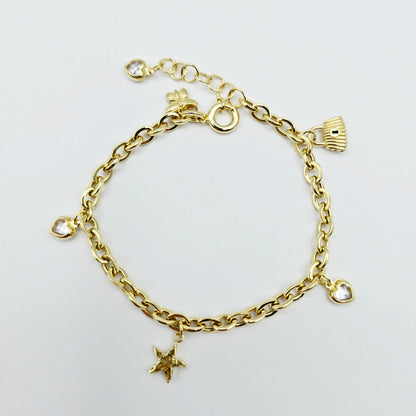 Yellow Gold Charm Bracelet with Heart, Star, Lock and Butterfly Charms , Adjustable Gold Bracelet, Gift for Her