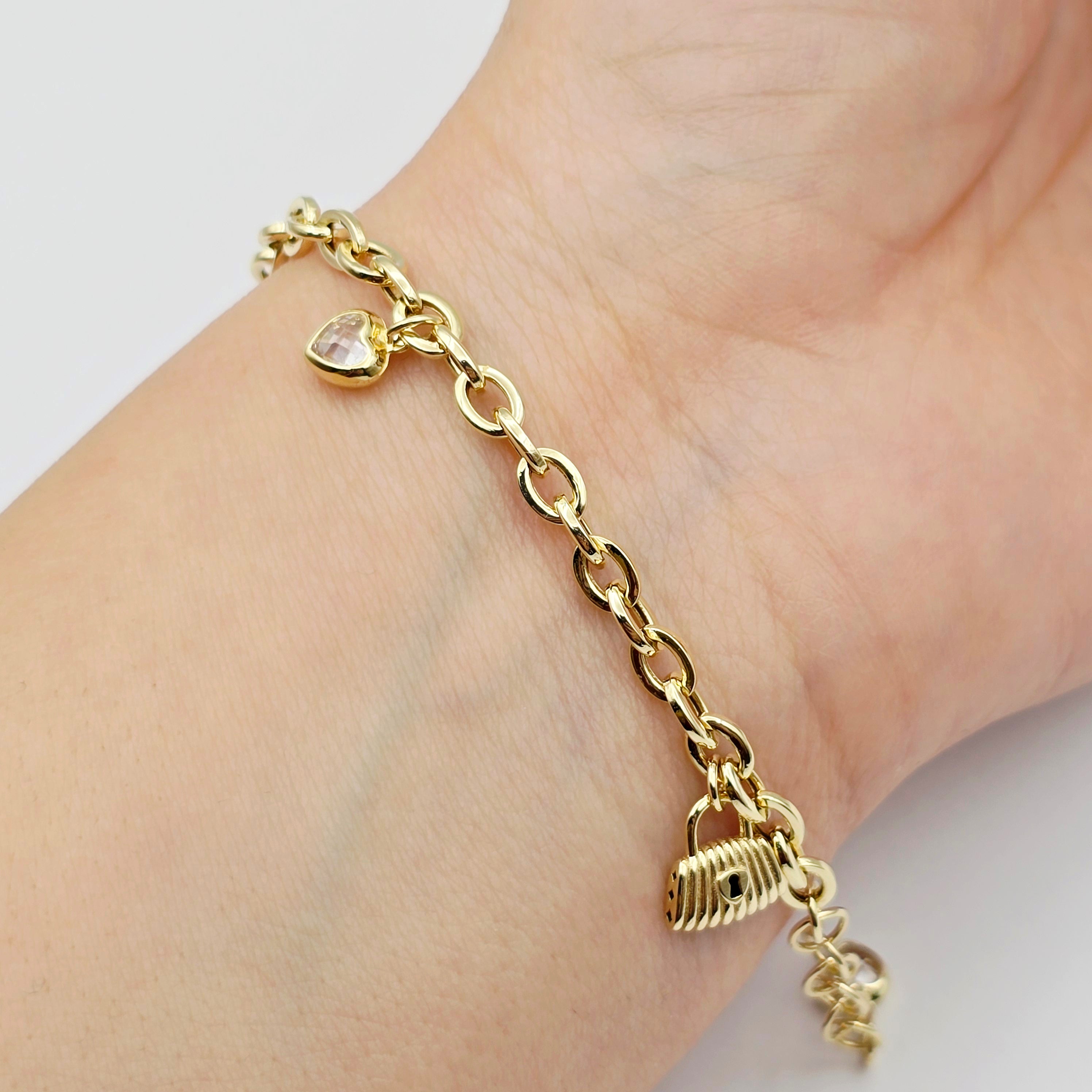 Yellow Gold Charm Bracelet with Heart, Star, Lock and Butterfly Charms , Adjustable Gold Bracelet, Gift for Her