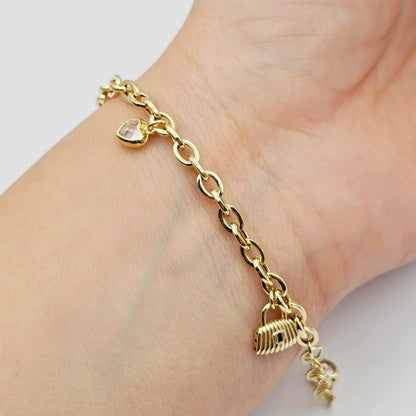 Yellow Gold Charm Bracelet with Heart, Star, Lock and Butterfly Charms , Adjustable Gold Bracelet, Gift for Her