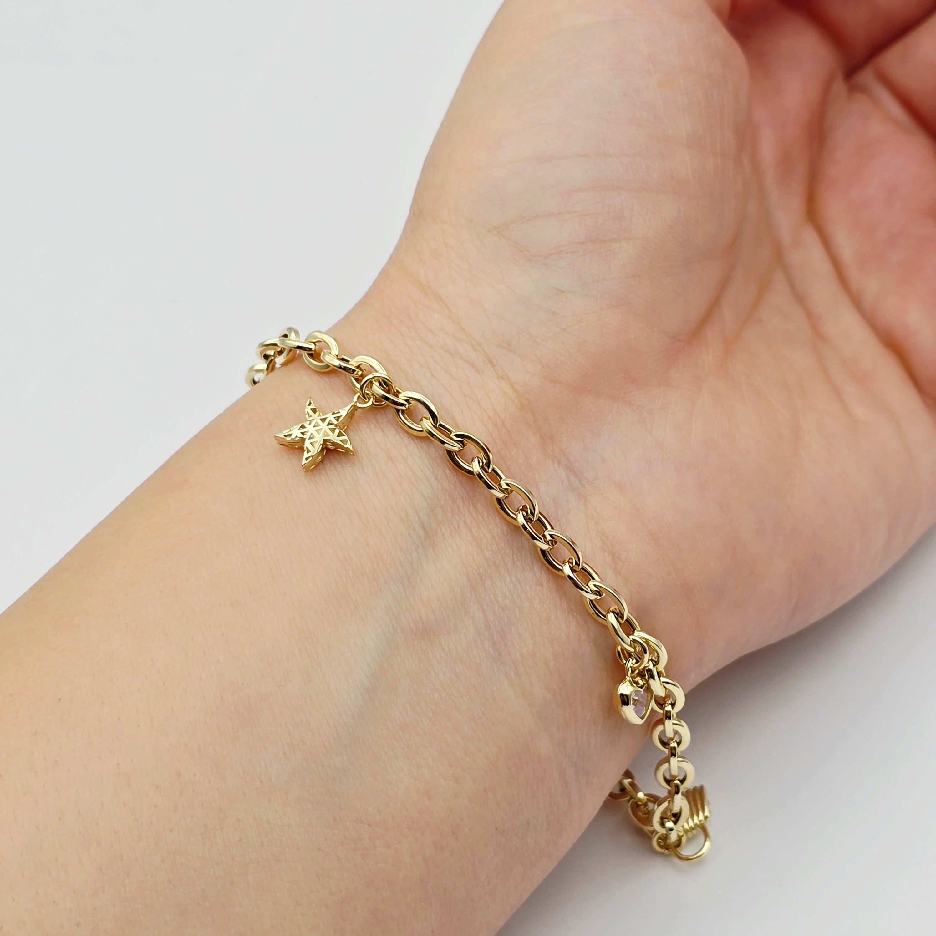Yellow Gold Charm Bracelet with Heart, Star, Lock and Butterfly Charms , Adjustable Gold Bracelet, Gift for Her