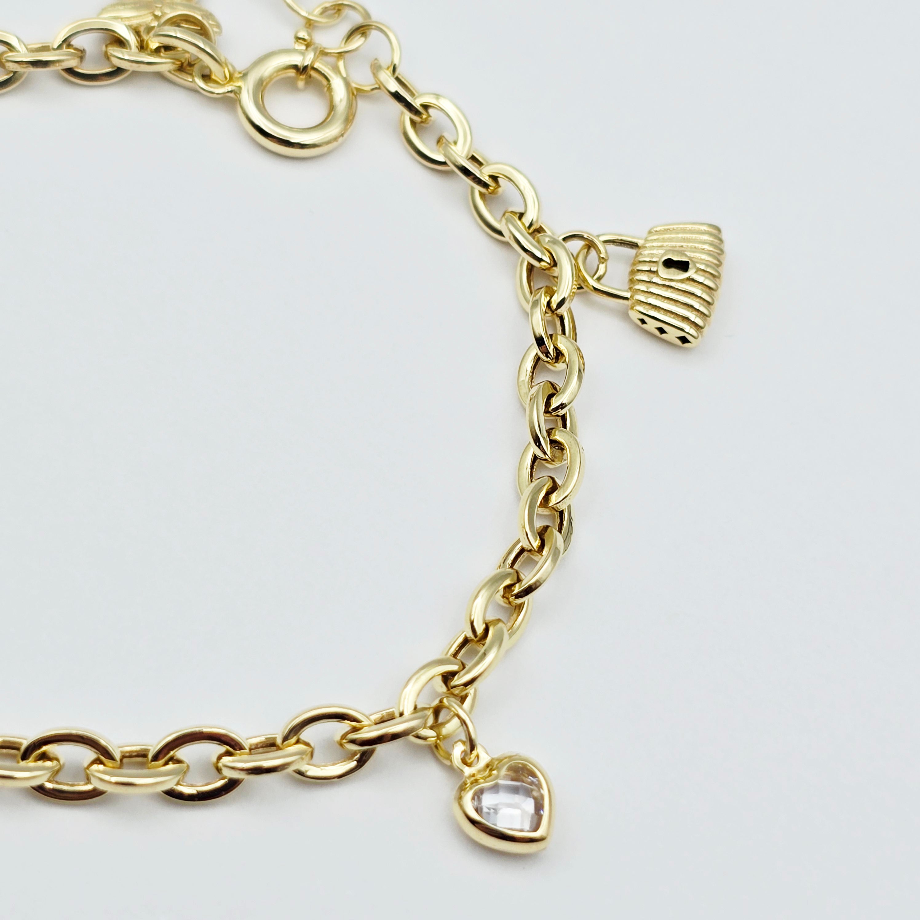 Yellow Gold Charm Bracelet with Heart, Star, Lock and Butterfly Charms , Adjustable Gold Bracelet, Gift for Her