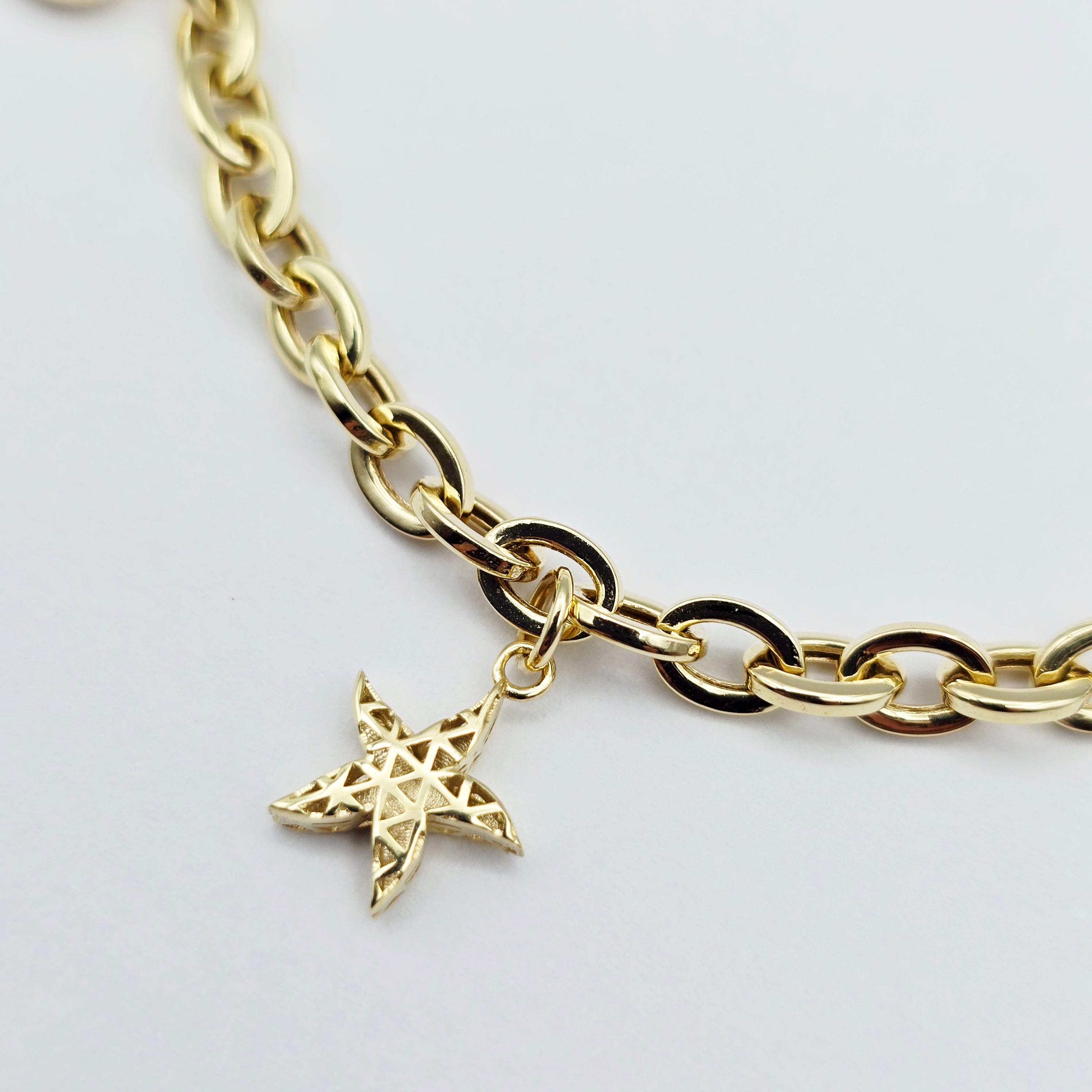 Yellow Gold Charm Bracelet with Heart, Star, Lock and Butterfly Charms , Adjustable Gold Bracelet, Gift for Her