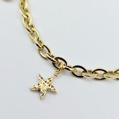 Yellow Gold Charm Bracelet with Heart, Star, Lock and Butterfly Charms , Adjustable Gold Bracelet, Gift for Her