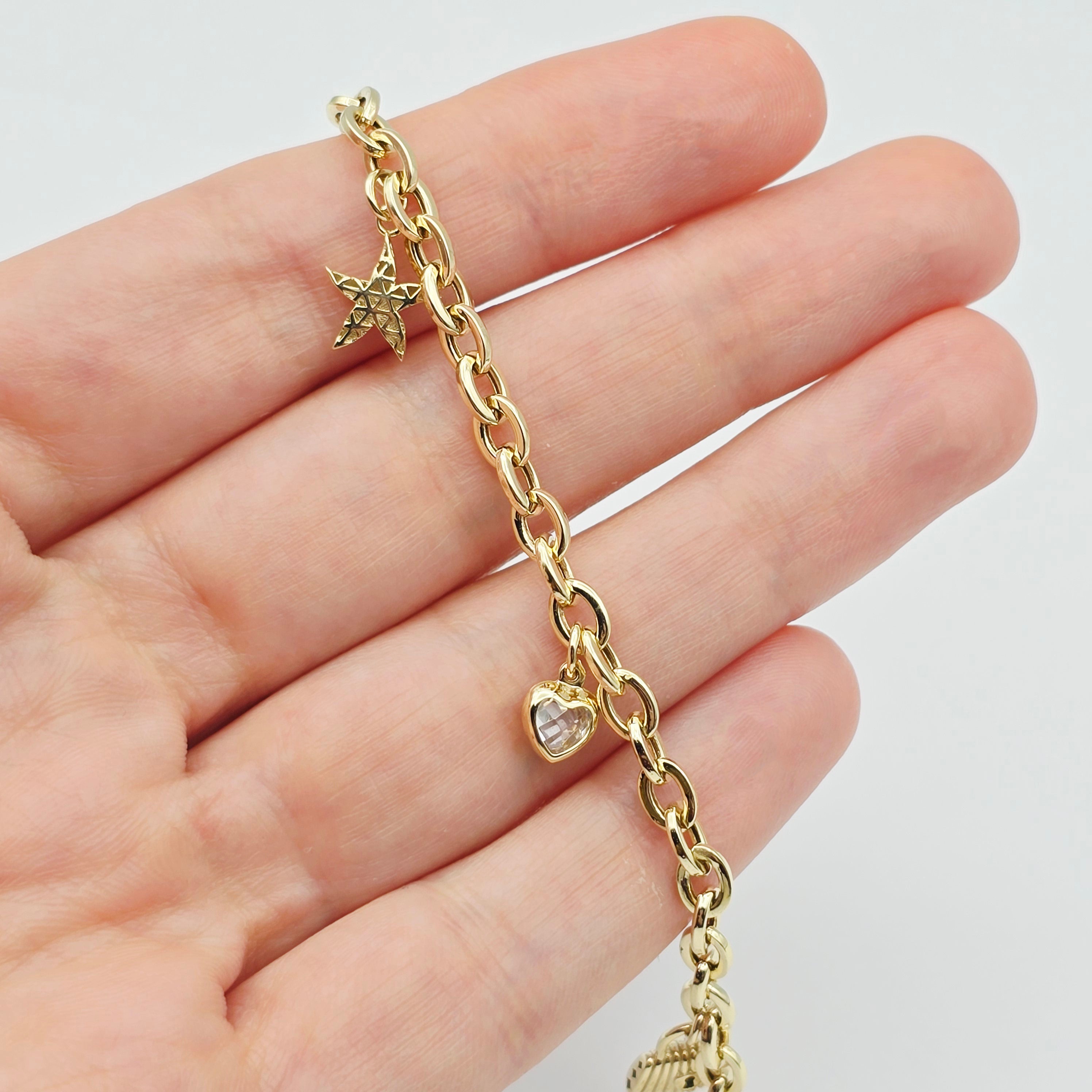 Yellow Gold Charm Bracelet with Heart, Star, Lock and Butterfly Charms , Adjustable Gold Bracelet, Gift for Her