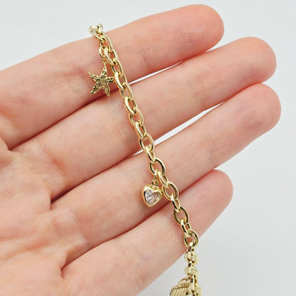Yellow Gold Charm Bracelet with Heart, Star, Lock and Butterfly Charms , Adjustable Gold Bracelet, Gift for Her