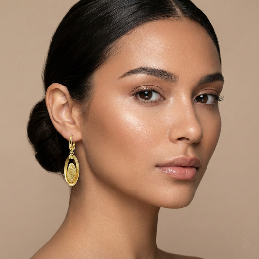 18K Solid Yellow Gold Drop Earrings, Oval Textured Dangle Earrings