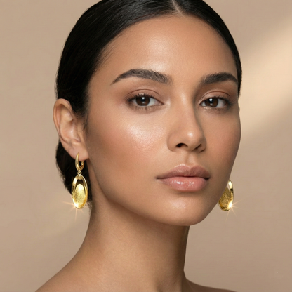 18K Solid Yellow Gold Drop Earrings, Oval Textured Dangle Earrings
