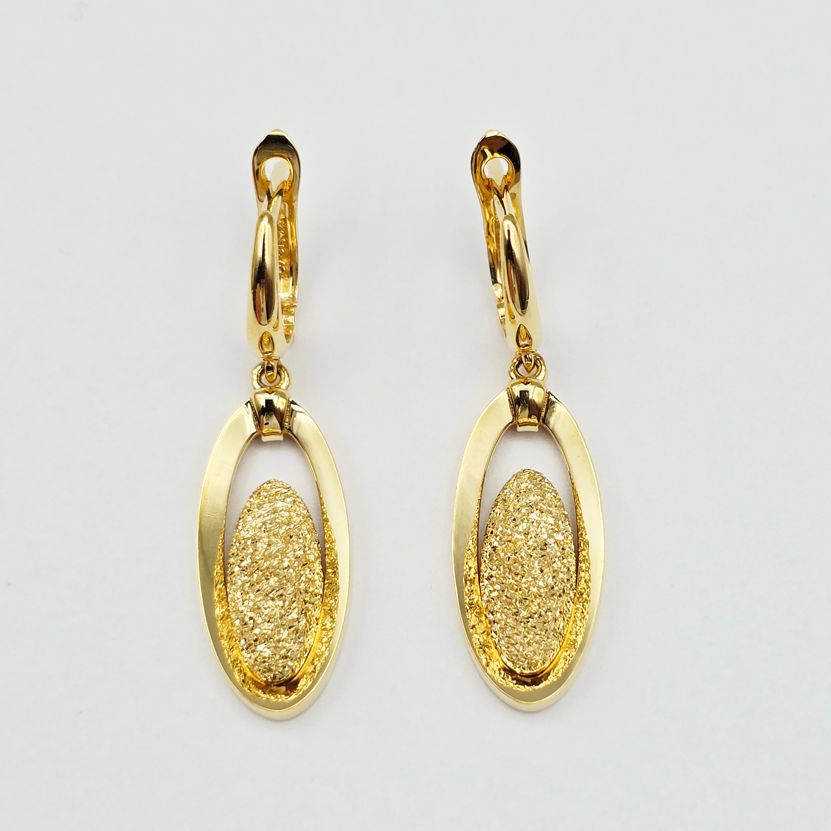 18K Solid Yellow Gold Drop Earrings, Oval Textured Dangle Earrings